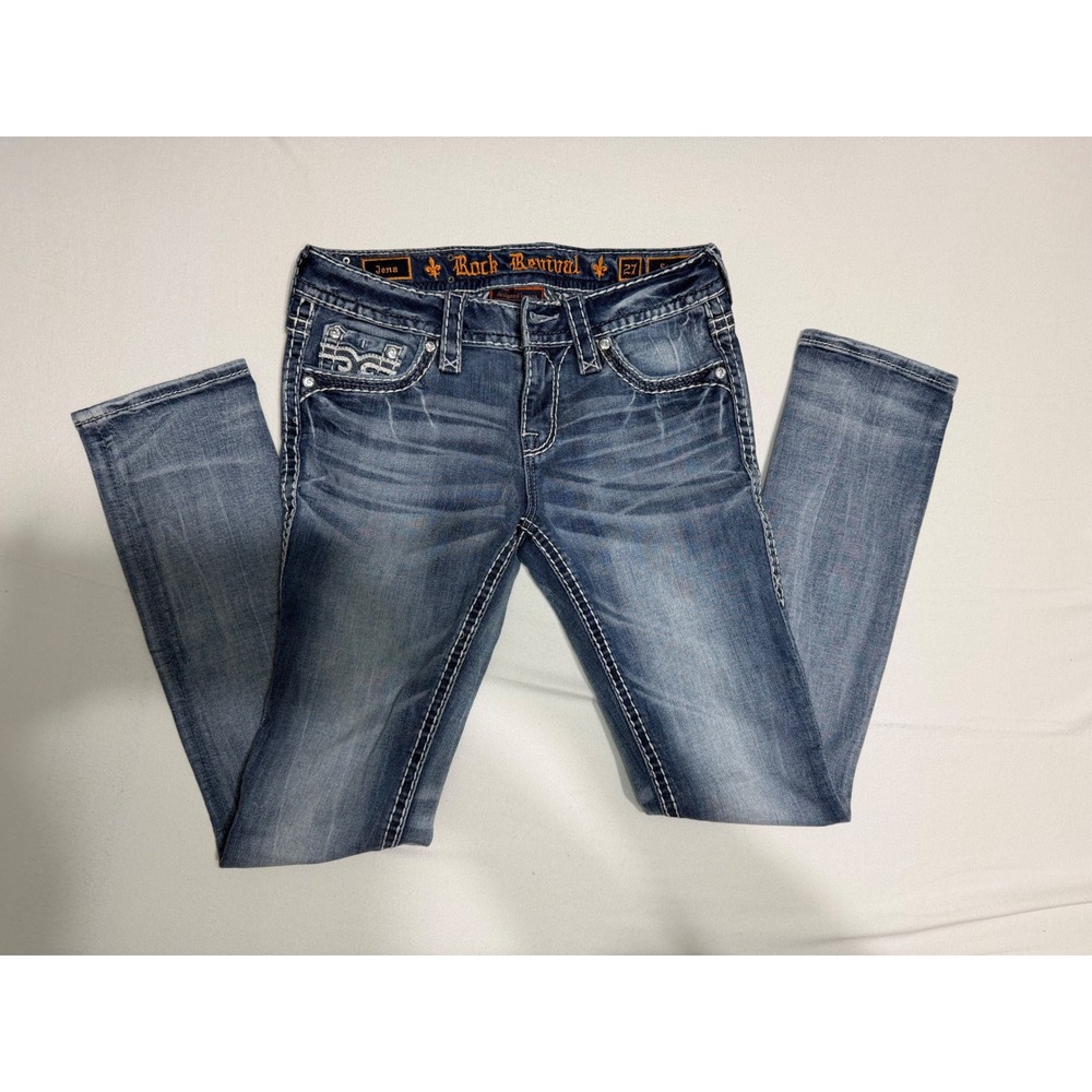 Rock Revival Jena Straight Leg Jeans Blue Denim Embroidered Flap Pocket 27